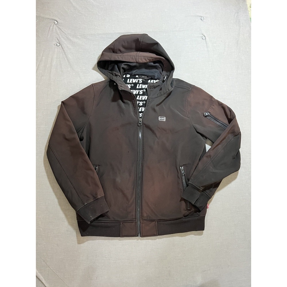 Levis Jacket Mens Large Brown Hoodie All Over Lined Windbreaker‎ Hooded Coat